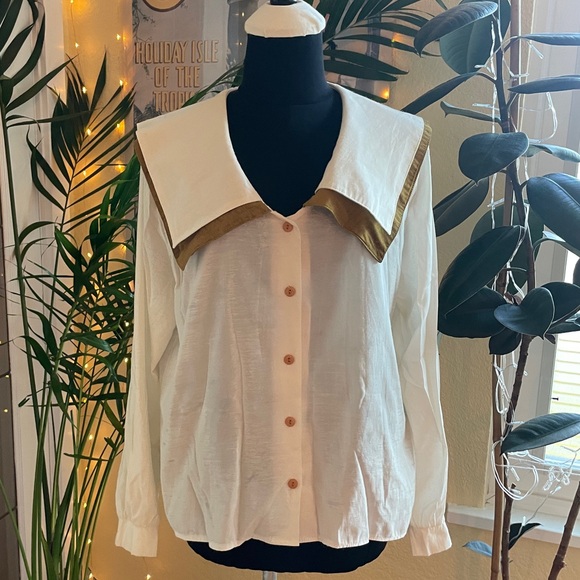Large Lapel Brown and White Button Up Blouse Vintage - Picture 1 of 9